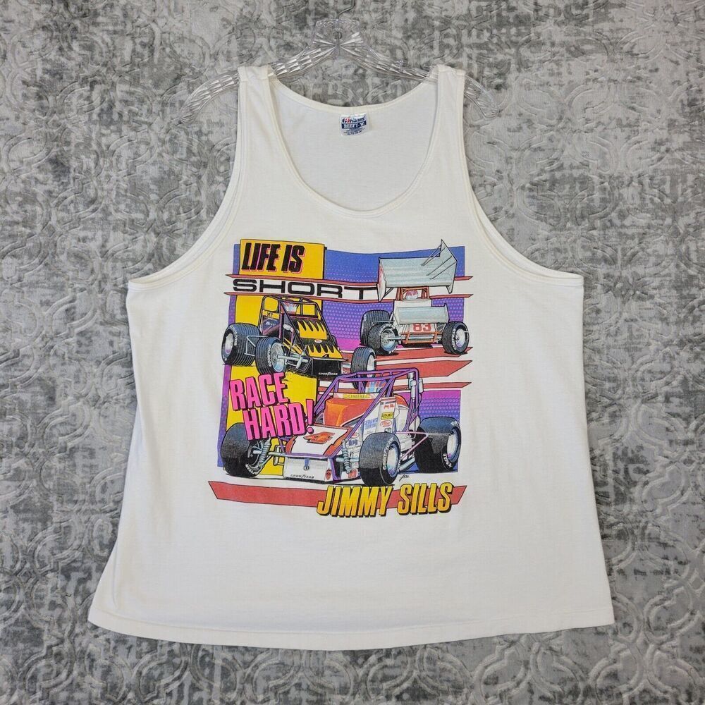 Vintage Jimmy Sills Sprint Car Shirt Men's Extra Large XL White Tank Top Signed